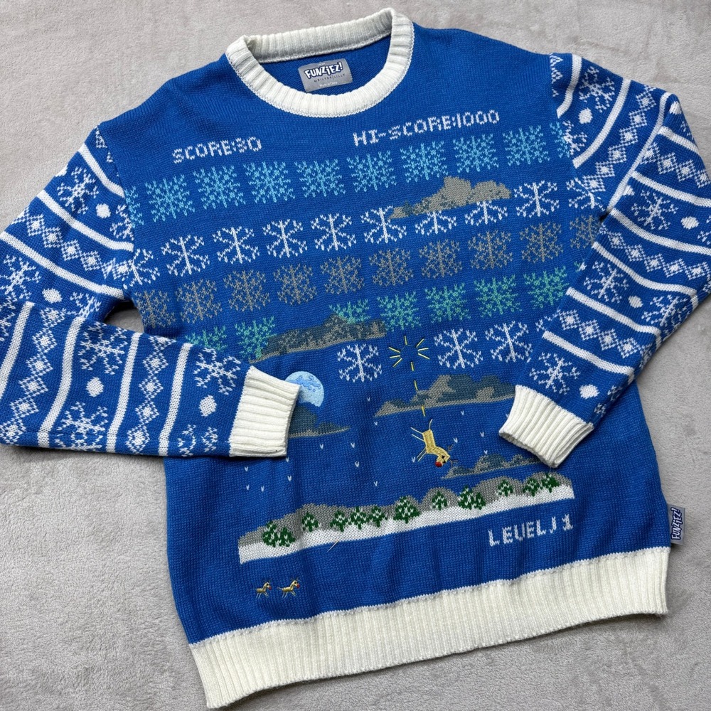 Funziez Ugly Christmas Sweater Mens Large Blue Retro Video Game 8-Bit Holiday
